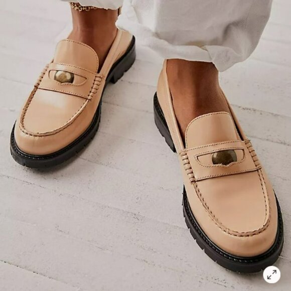 Free People Liv Leather Cream Block Heels Slip on Loafer Size 7.5‎ - 37.5 - NEW - Picture 1 of 15